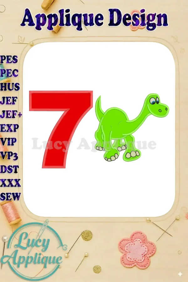 Arlo the Good Dinosaur Birthday applique design featuring the number 7. The design includes a cute green dinosaur and a red number 7, perfect for a 7th birthday celebration.