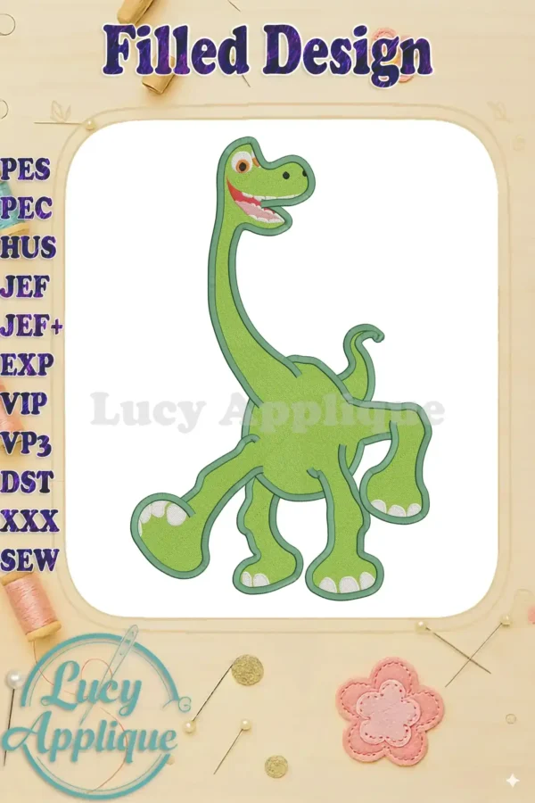 Arlo, the Good Dinosaur, in a cheerful filled embroidery design. The image showcases multiple file formats and is ready to be stitched. Perfect for adding a whimsical touch to your projects!
