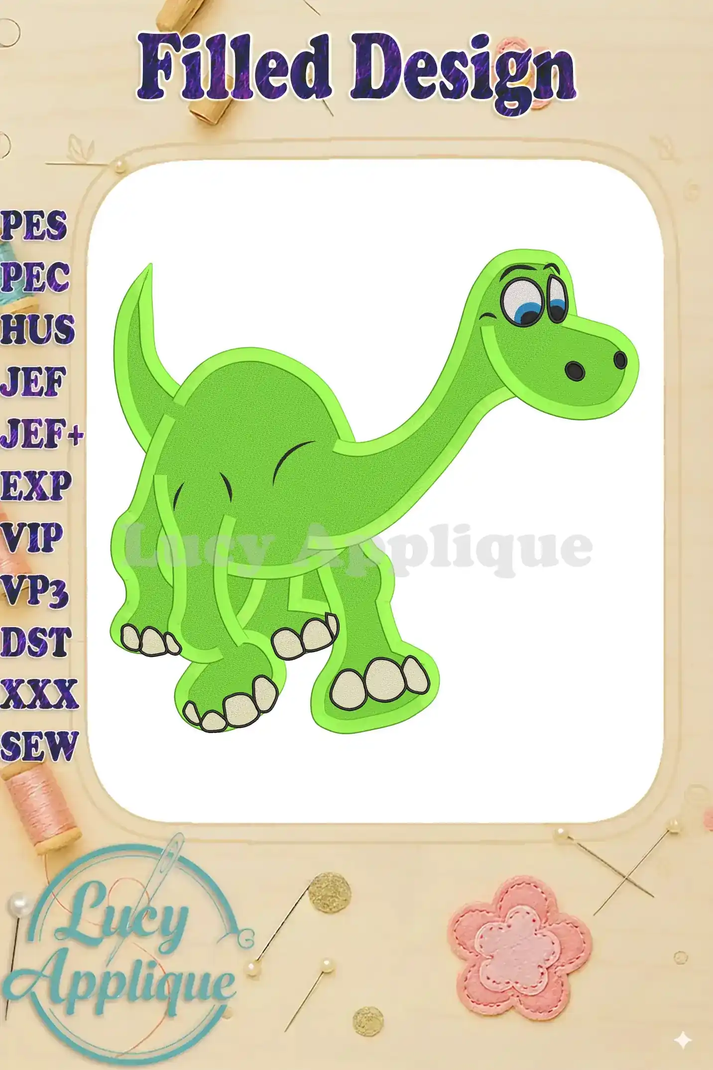 Arlo the Good Dinosaur, a charming green dinosaur, is depicted in a filled machine embroidery design. The image showcases the completed design with a white background.