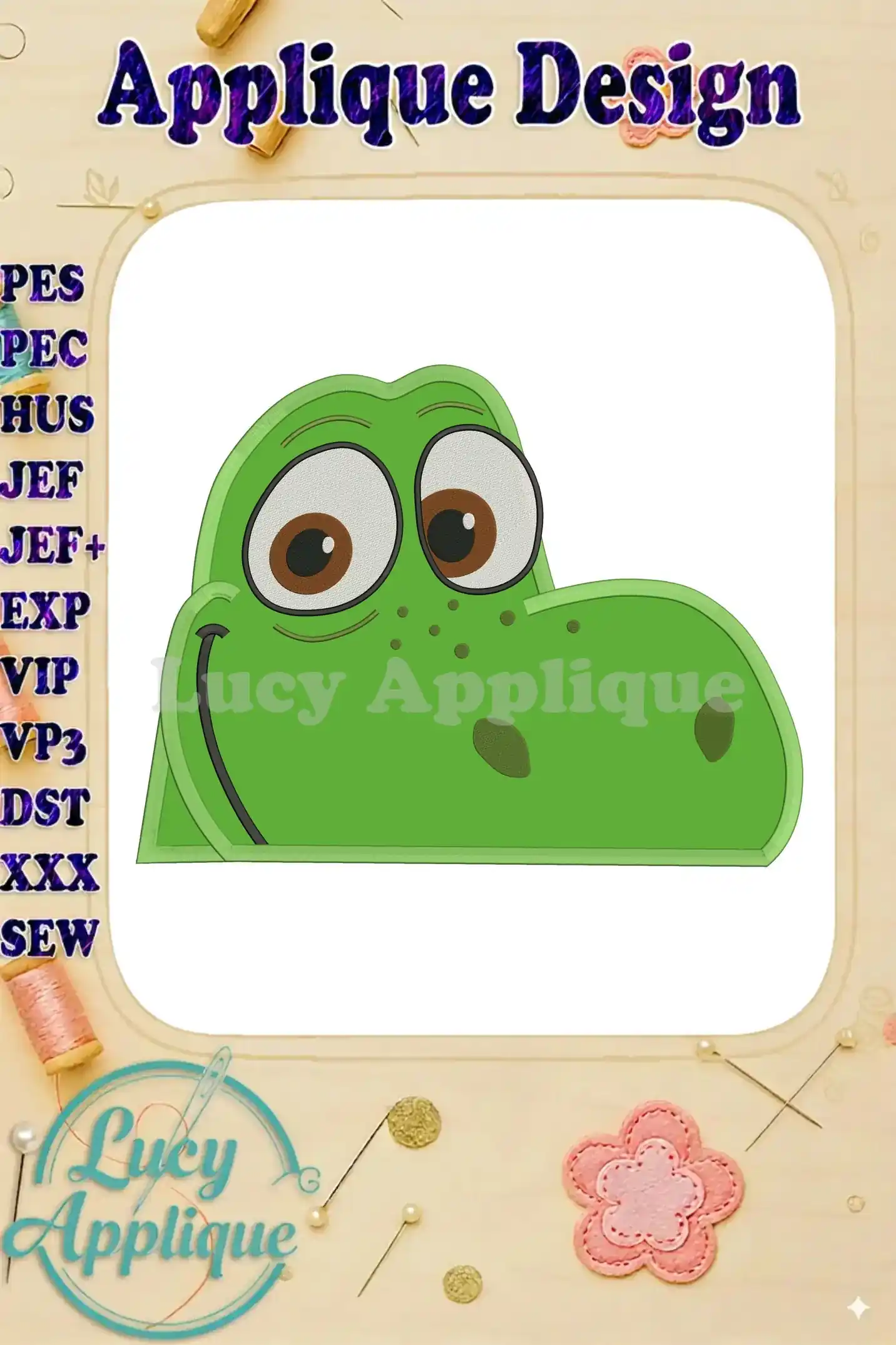 Arlo the Good Dinosaur applique embroidery design. A charming, cartoon-style dinosaur head, ready to be stitched. Includes various file formats for different embroidery machines.