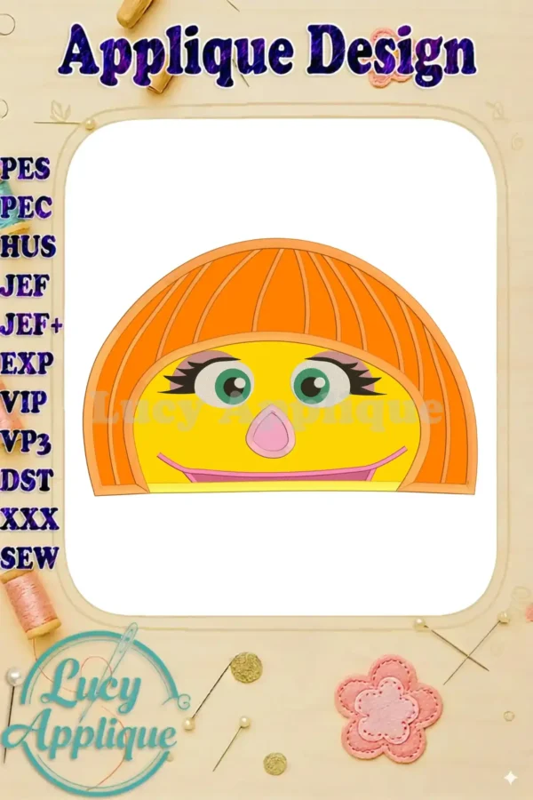 Embroidery design of an Autism Muppet character's face, featuring a half-circle orange hair and bright features. Applique design.