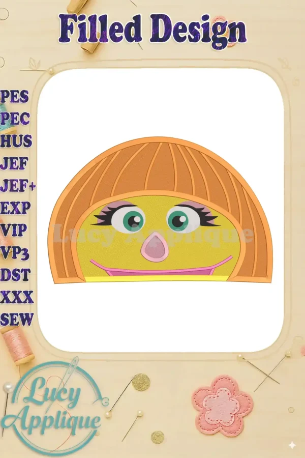 Embroidery design of the Autism Muppet's head, featuring a filled stitch technique and a bob haircut. The design is presented on a white background within a decorative frame.