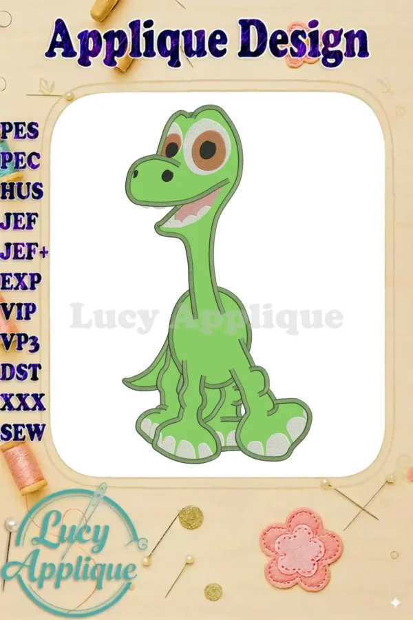 Adorable Baby Arlo from The Good Dinosaur as an applique embroidery design. The design is shown in green with a cheerful expression, ready to be stitched.