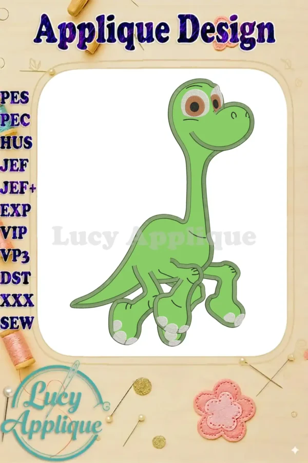 Baby Arlo applique embroidery design in green, showcasing the charming dinosaur from The Good Dinosaur movie. Perfect for kids' clothing or nursery decor.