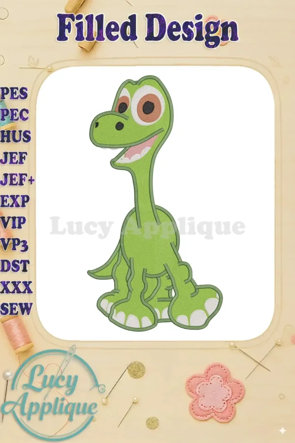 A delightful filled embroidery design of Baby Arlo from The Good Dinosaur, showcasing vibrant green and cheerful expression, ready to be stitched on various fabrics.