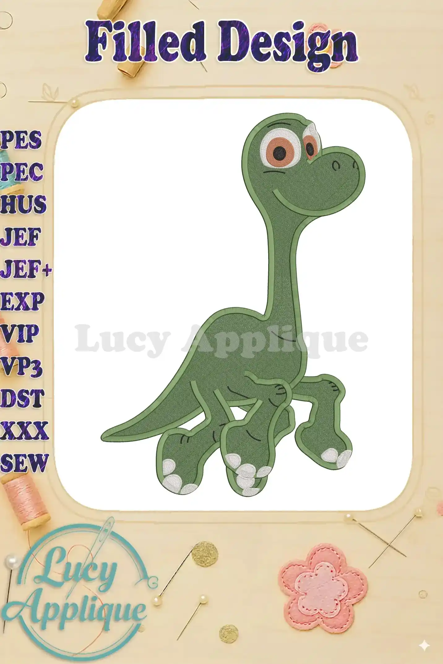 Embroidery design of Baby Arlo from The Good Dinosaur, showcasing a filled stitch style. Perfect for beginner to intermediate embroiderers.