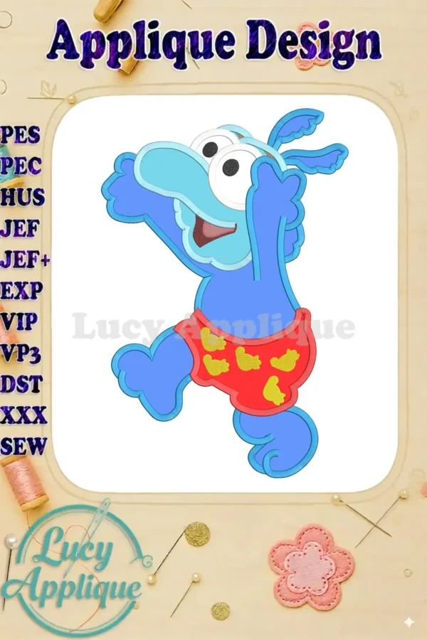 Adorable applique design of Baby Gonzo from Muppet Babies, ready to be stitched. The design is vibrant and playful, perfect for adding a touch of whimsy to any project.