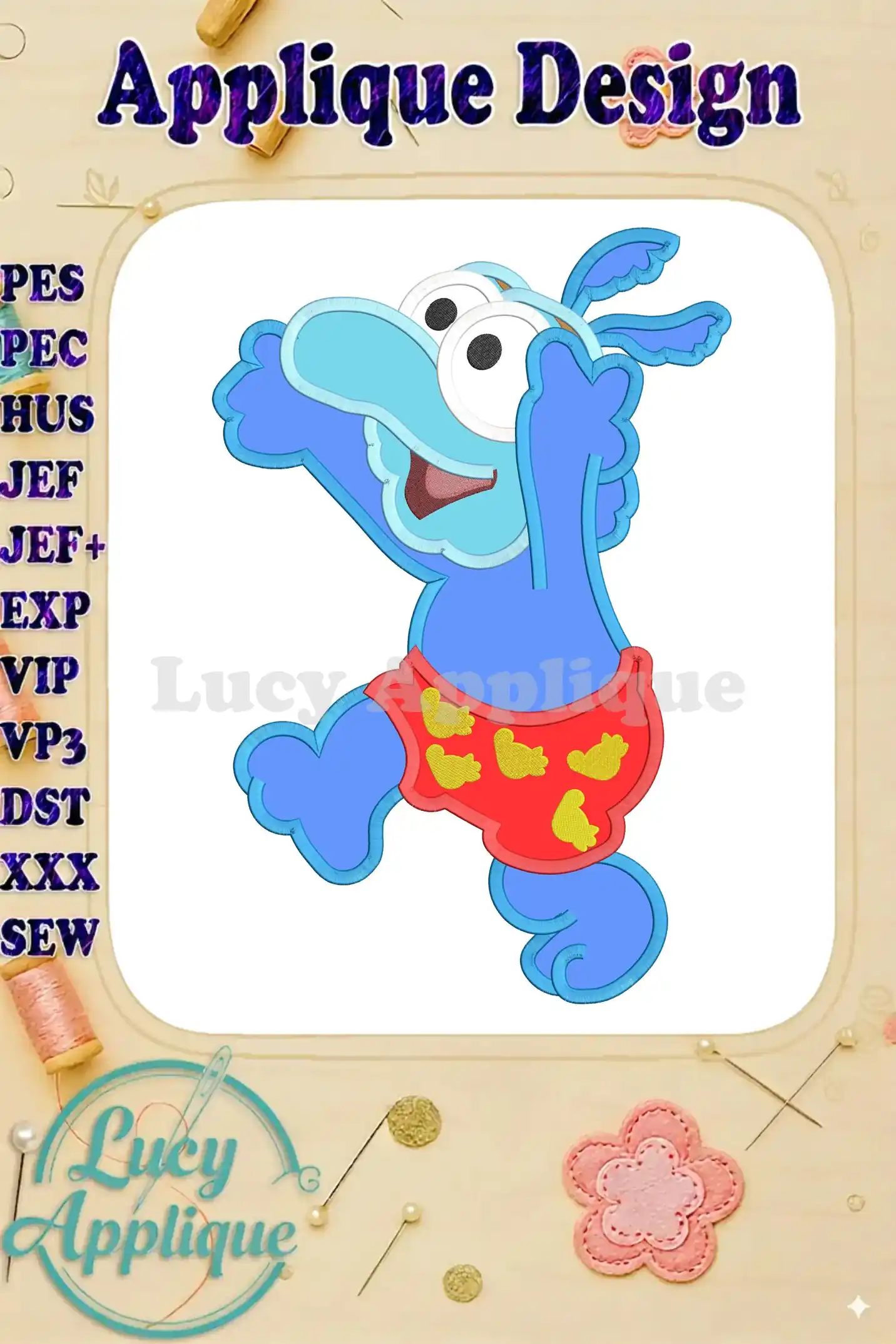 Adorable applique design of Baby Gonzo from Muppet Babies, ready to be stitched. The design is vibrant and playful, perfect for adding a touch of whimsy to any project.