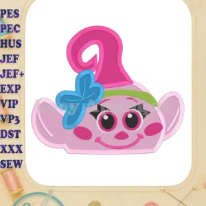 Adorable Baby Poppy Troll filled machine embroidery design, showcasing vibrant colors and detailed features. Perfect for adding a cute touch to your projects!