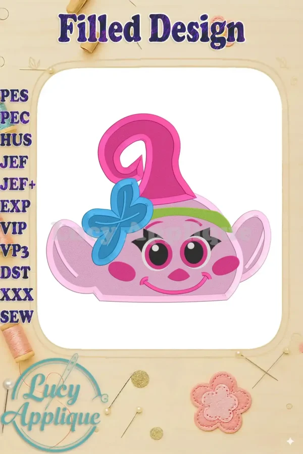 Adorable Baby Poppy Troll filled machine embroidery design, showcasing vibrant colors and detailed features. Perfect for adding a cute touch to your projects!