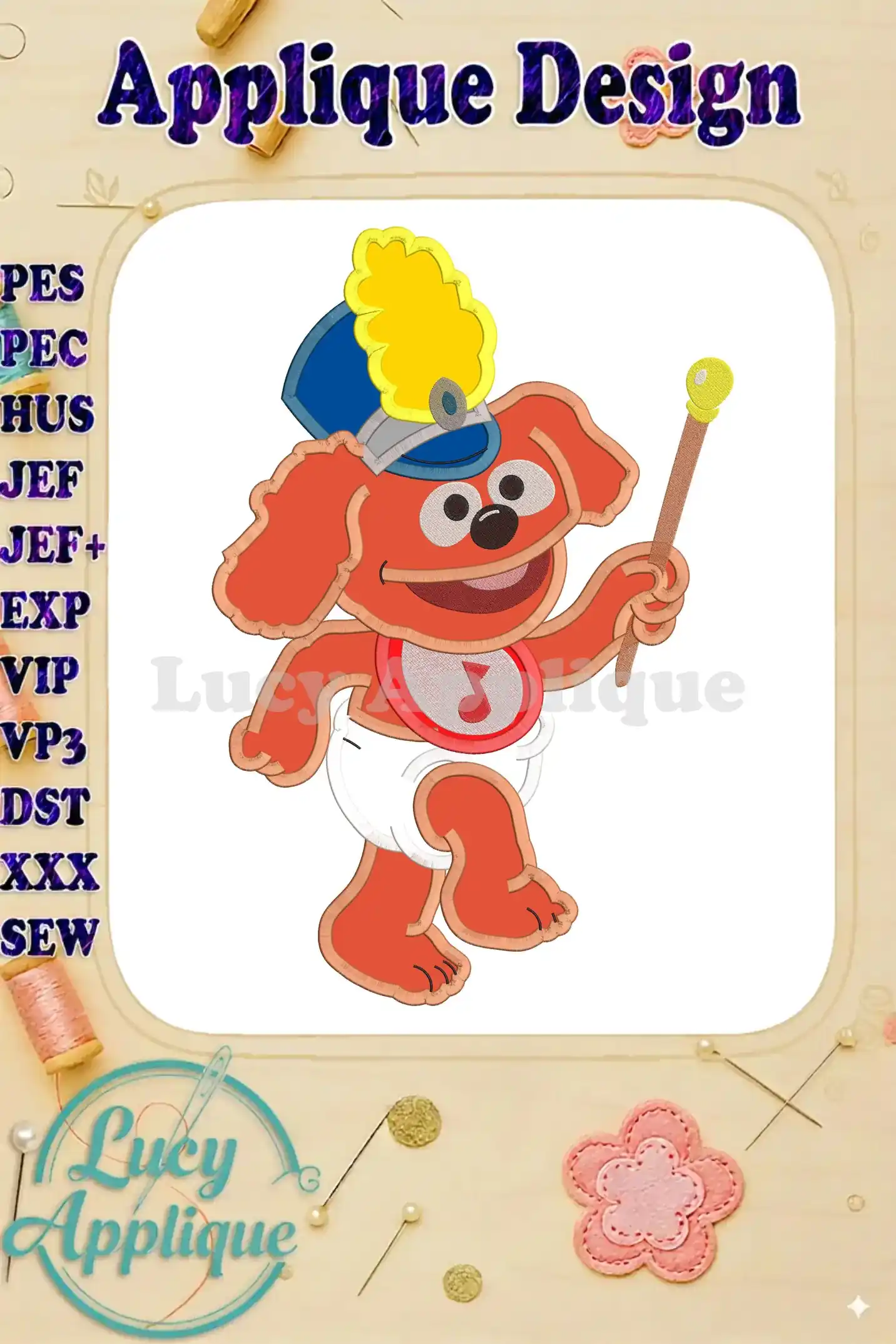 Embroidery design of Baby Rowlf from Muppet Babies, in an applique style. He's dressed in a drum major outfit and holding a baton.