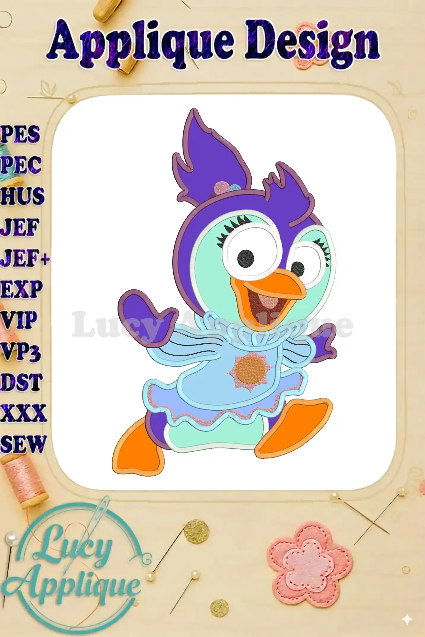 Adorable applique design of a Muppet Baby character in a summer dress, ready to be stitched. Includes various file formats for different embroidery machines.