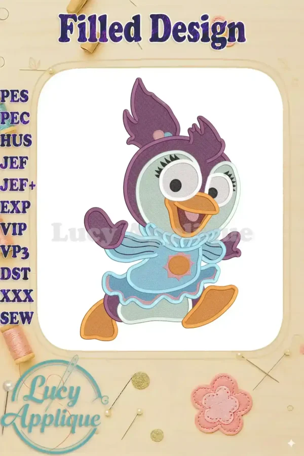 Adorable Muppet Baby Summer embroidery design in filled stitch. The design showcases a cute cartoon bird in a summer dress, perfect for clothing or home decor.