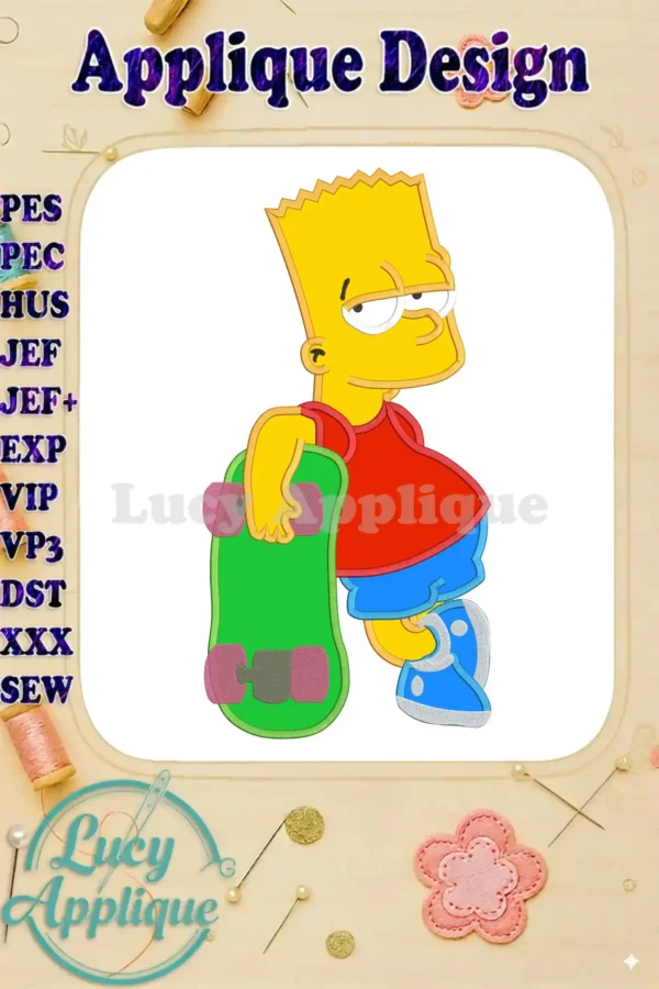 Main image showcasing a vibrant Bart Simpson skateboarding applique embroidery design, ready to be stitched. The design is presented on a white background, surrounded by decorative elements. Various embroidery file formats are listed.