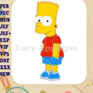 A charming Bart Simpson applique design in various embroidery file formats, ready to stitch. The design is presented against a white background with colorful accents.