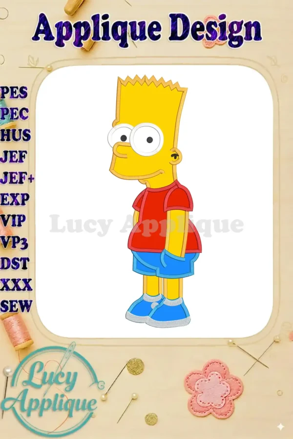 A charming Bart Simpson applique design in various embroidery file formats, ready to stitch. The design is presented against a white background with colorful accents.
