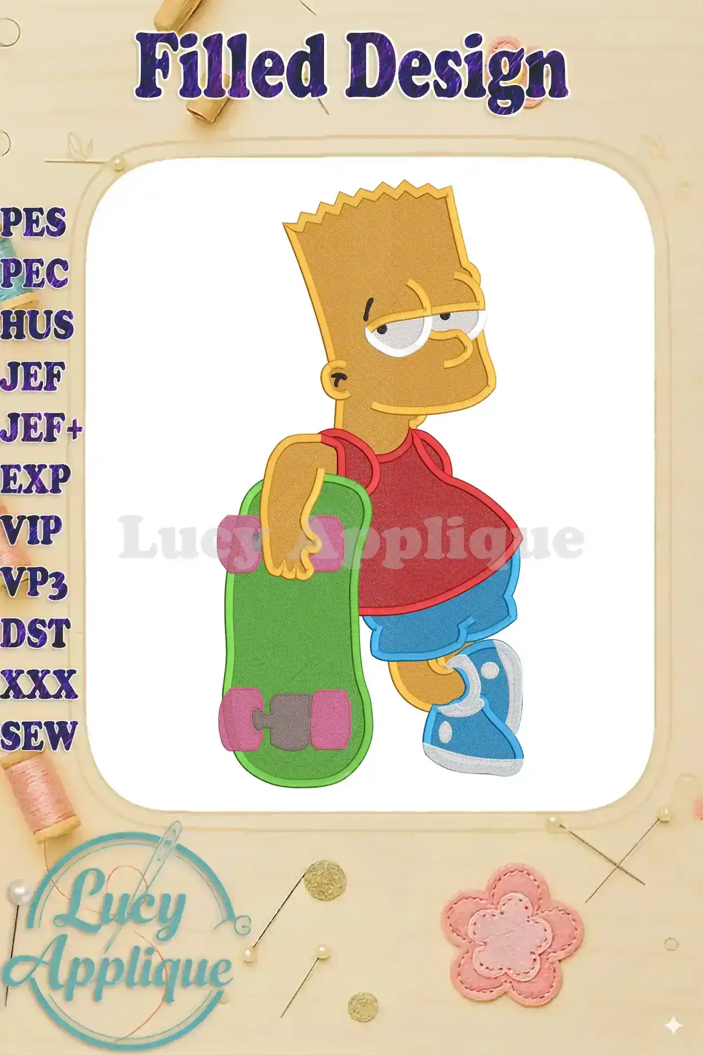 Embroidery design of Bart Simpson skateboarding. Filled stitch design, bright colors. Perfect for apparel or home decor.