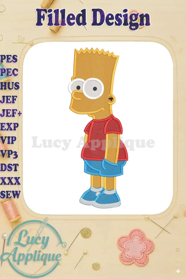 Embroidery design of Bart Simpson from the Simpsons, standing with hands in pockets, in a filled stitch style. The design is displayed on a light background with embellishments.