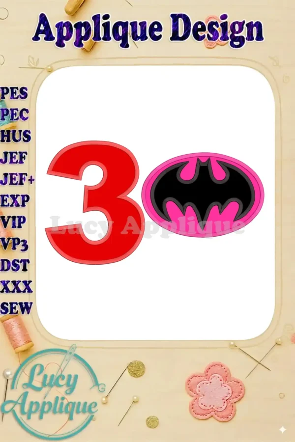Batgirl's 3rd Birthday Applique Design. Features a large number 3 and the Batgirl logo, ready for embroidery. Perfect for adding a superhero touch to birthday projects.