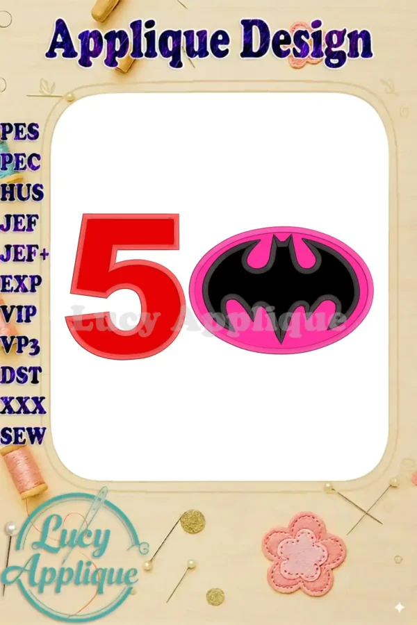Batgirl 5th Birthday Applique Design. This vibrant applique features the number 5 and Batgirl's iconic bat symbol, perfect for a birthday celebration.
