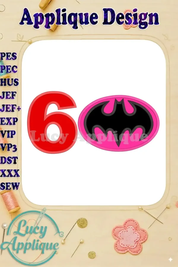 Batgirl Birthday Applique Design: A vibrant applique featuring the number 6 and Batgirl's logo, ready to be stitched onto fabric. Perfect for a birthday celebration!