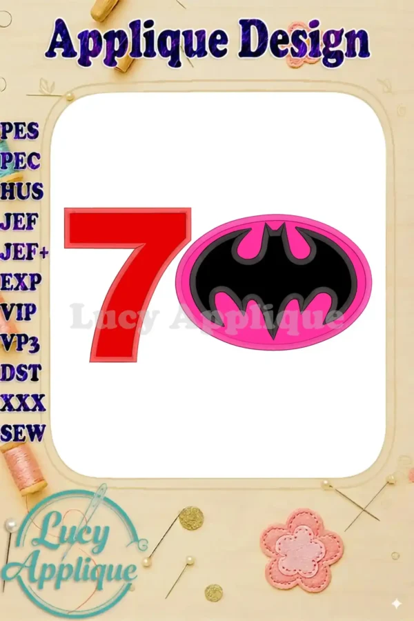Batgirl 7th birthday applique design featuring a number 7 and Batgirl's bat symbol in pink and red. Perfect for sewing projects and celebrations.