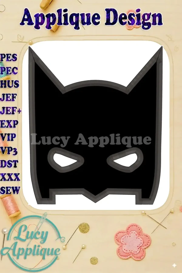 A black and gray Batman head applique embroidery design, ready to be stitched. The image showcases the design on a white background with various file formats listed.