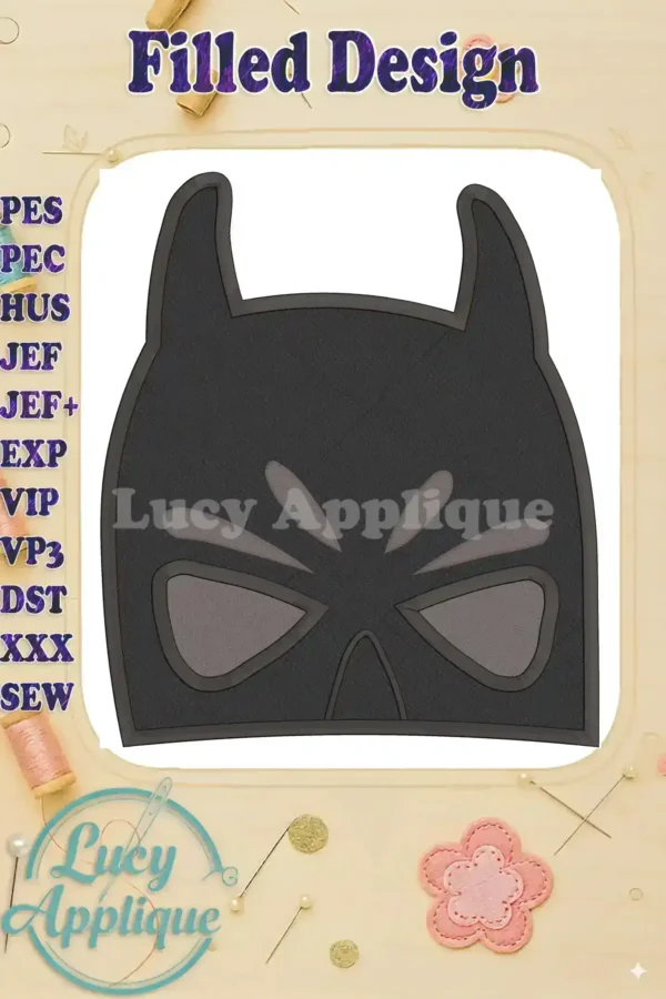 A detailed close-up of a Batman head fill machine embroidery design, showcasing its intricate details and stitch quality. Perfect for adding a superhero touch to your projects.