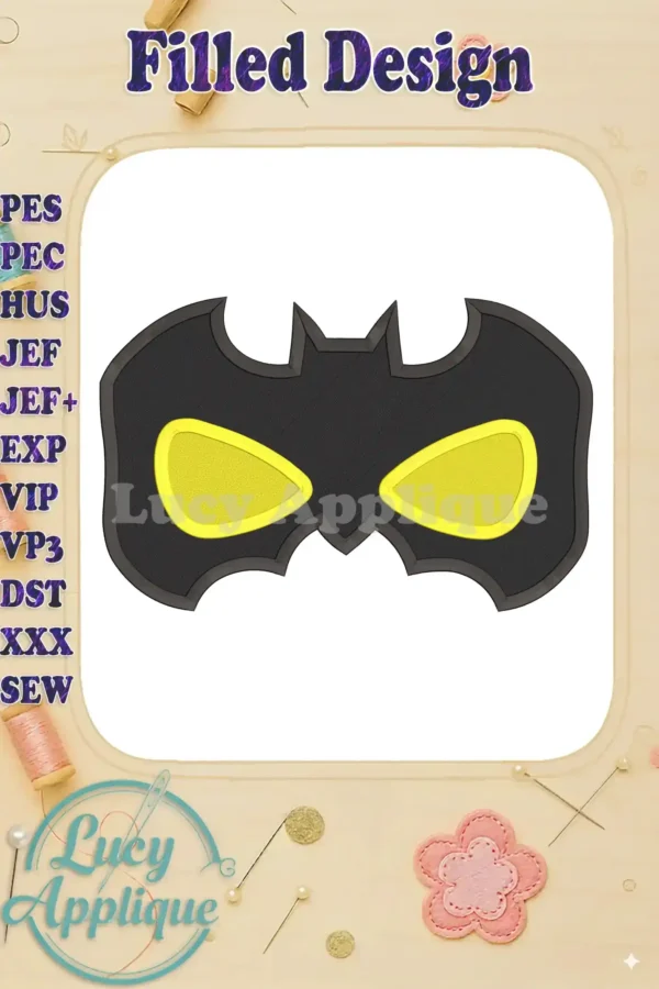 A filled Batman mask embroidery design in black and yellow. The design is shown on a white background, with various file format options listed.