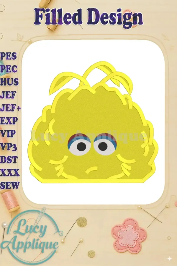 A charming filled embroidery design of Big Bird, the beloved Muppet. Perfect for adding a touch of Sesame Street to your projects. The design is bright yellow with simple, expressive features.