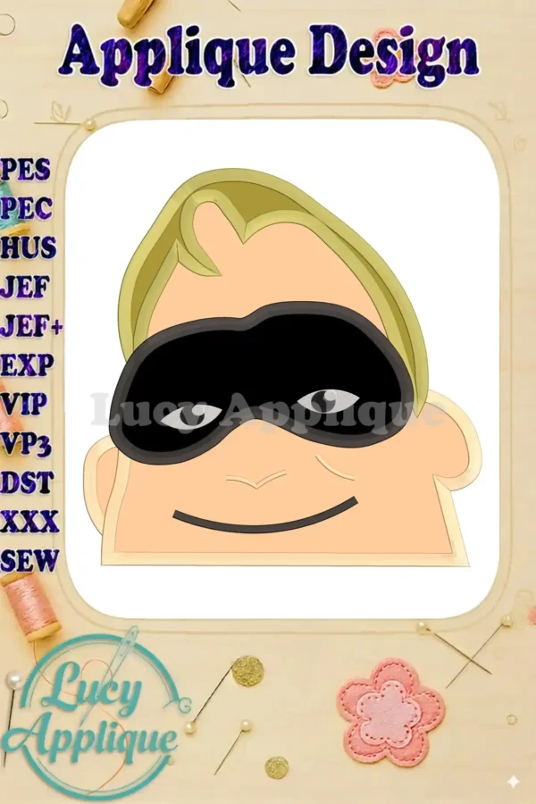 Applique design of Bob Parr's head from The Incredibles, showcasing a simplified, charming illustration suitable for embroidery. Includes various file formats.