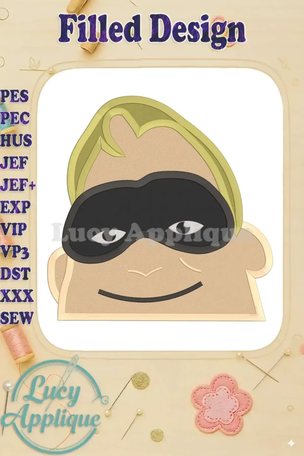 A charming filled embroidery design of Bob Parr's head from The Incredibles, showcasing his blonde hair and signature mask. The design is presented on a light beige background.