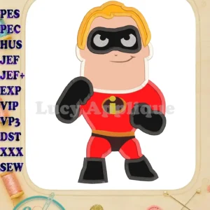 Applique embroidery design of Bob Parr from The Incredibles, showcasing his iconic red suit and symbol. Includes various machine formats (PES, PEC, HUS, JEF, etc.).