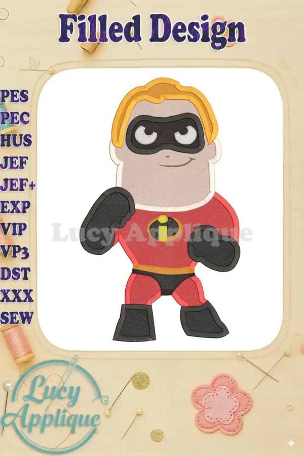 Embroidery design of Bob Parr, Mr. Incredible, from Disney Pixar's The Incredibles. A filled design, showing him in his superhero pose. Perfect for applique projects.