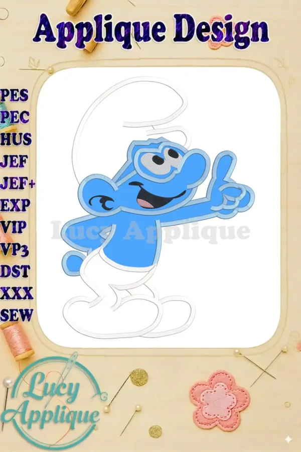 Brainy Smurf applique embroidery design in blue, showcasing a playful pose. The design includes placement and cutting lines for precise stitching.