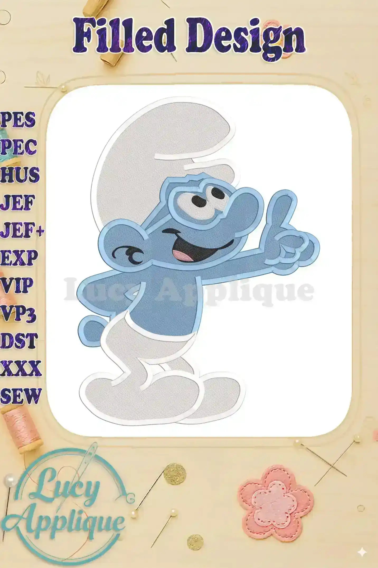 Brainy Smurf filled embroidery design in light blue, showcasing a cheerful Smurf character with a raised index finger. The design is presented on a white background, within a square frame.