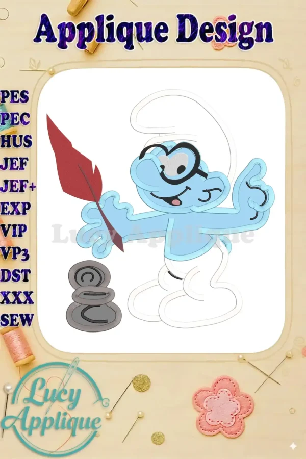 Brainy Smurf applique embroidery design, showcasing the Smurfs character with a quill and stones, ready to be stitched. Design includes various file formats for different embroidery machines.