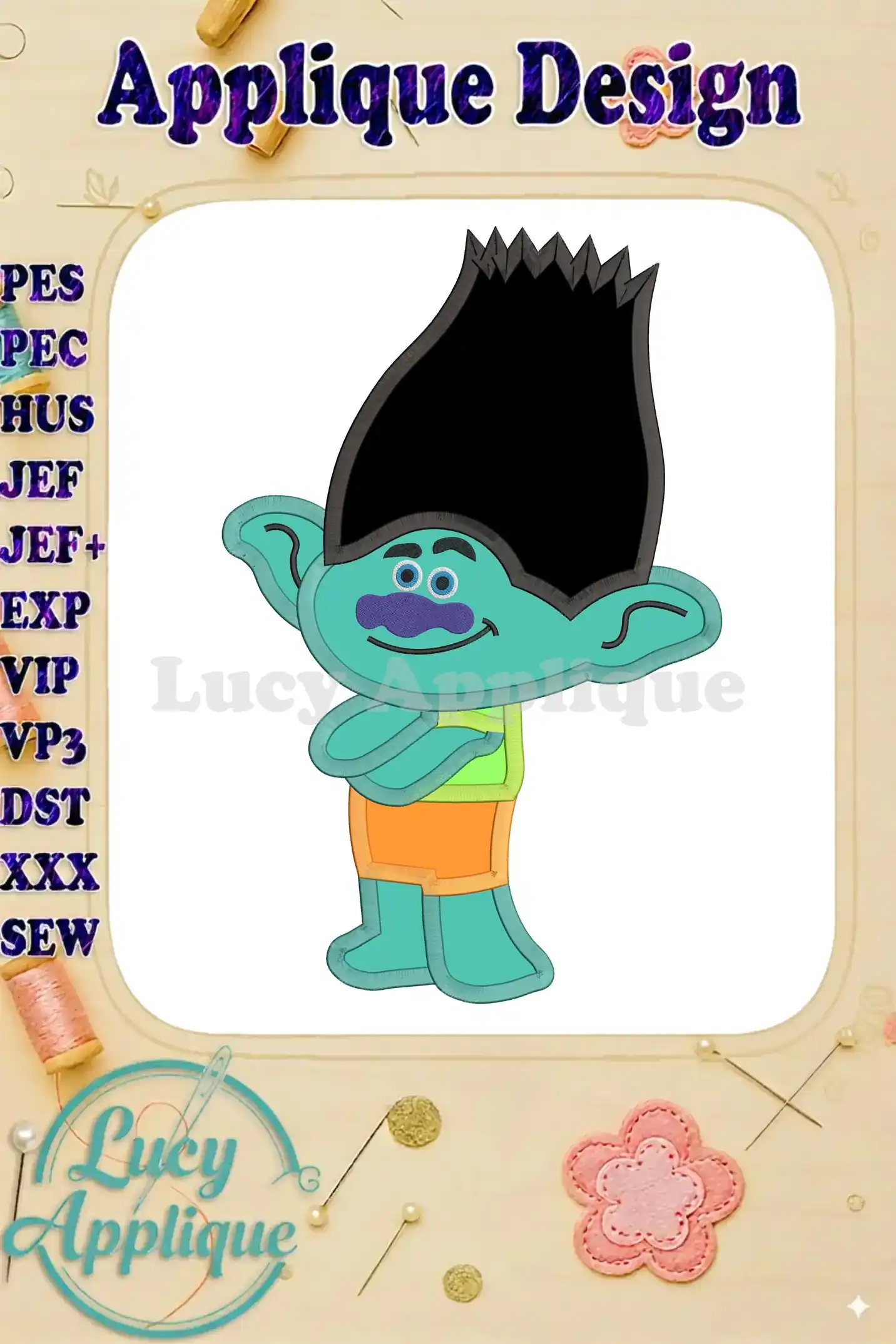 Branch Trolls applique embroidery design showcasing a teal troll with black hair, orange shorts, and a charming expression. Detailed stitching and vibrant colors.