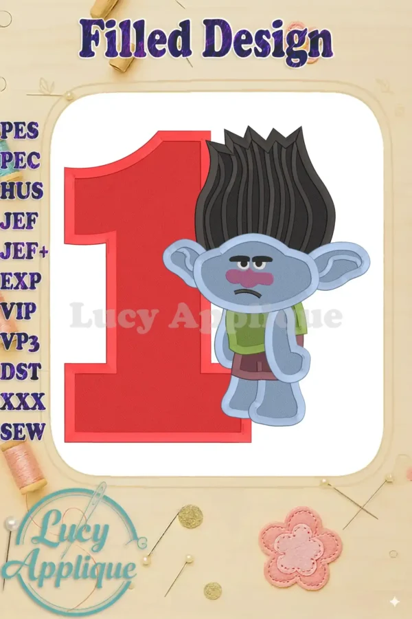 Branch Trolls Birthday Number 1: A filled machine embroidery design featuring Branch from Trolls, next to the number 1. Perfect for birthday projects, featuring vibrant colors and detailed stitches.