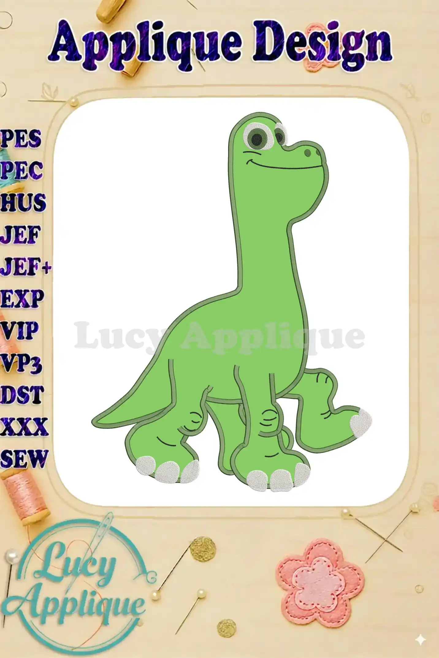 Applique design of Buck, the dinosaur from Disney Pixar's The Good Dinosaur, ready to be embroidered. The design is shown on a white background with various file format options listed.