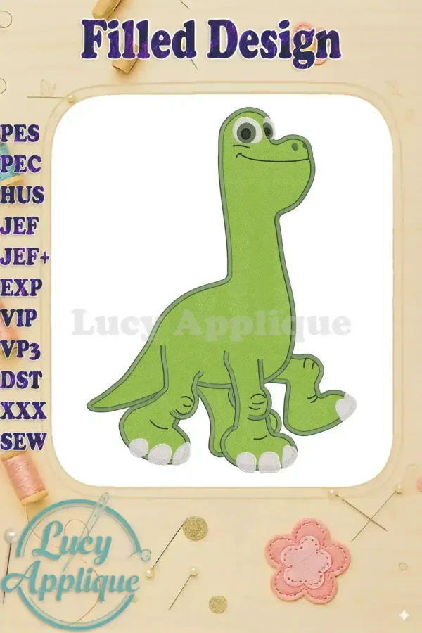 Embroidered image of Buck, the Good Dinosaur, in a charming filled design. Perfect for adding to clothes, bags, or home decor. The design is bright, cheerful, and easy to stitch.