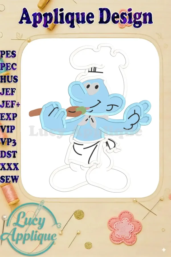 Chef Smurf applique embroidery design, light blue Smurf chef holding a whisk, whimsical and charming, perfect for various projects.
