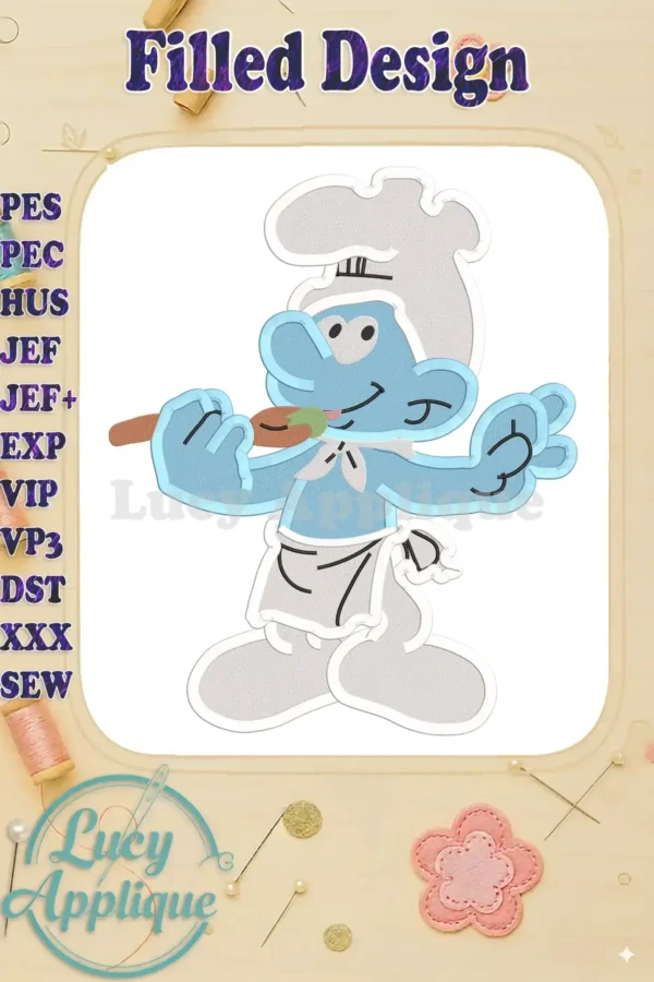 Chef Smurf The Smurfs Fill Embroidery Design. A charming depiction of Chef Smurf, ready to be stitched. Perfect for Smurfs fans.