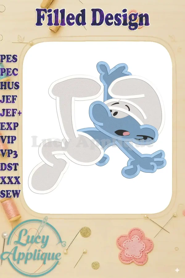 Embroidery design of Clumsy Smurf in blue and light gray, in a playful pose. The design is presented on a white background, with a 'Filled Design' title.