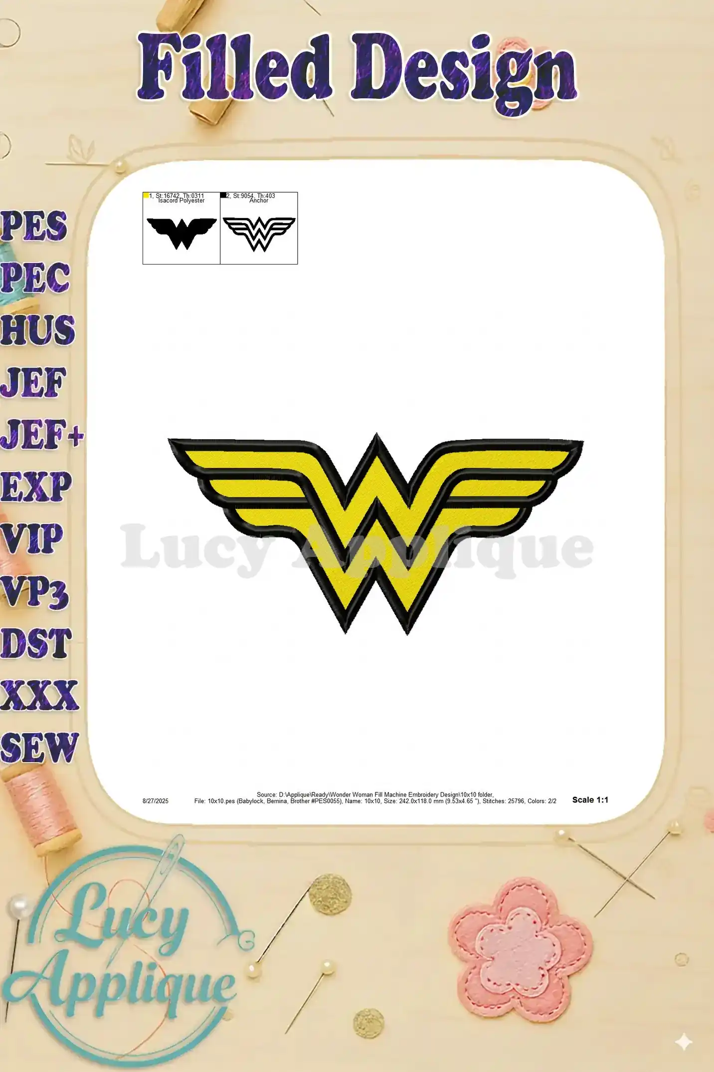 A scale image of the Wonder Woman filled machine embroidery design, with a 1:1 scale representation, alongside color codes and design specifics.
