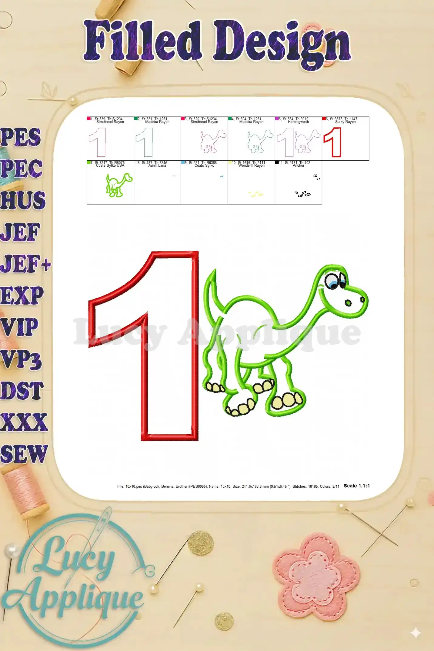 Filled Design for Arlo The Good Dinosaur Birthday Number 1 Applique. This image shows the completed filled applique design, highlighting the final look after stitching.