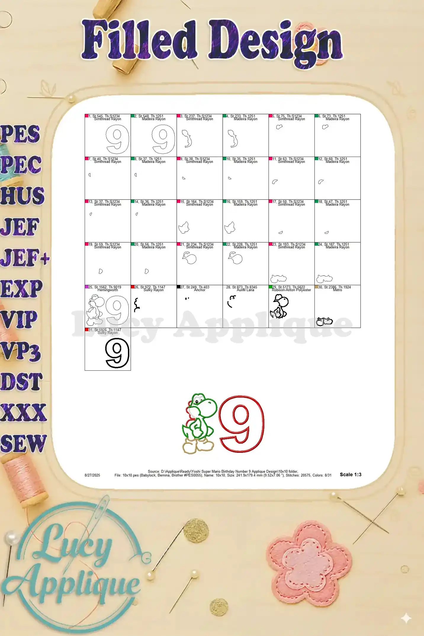 Filled design sheet for Yoshi Super Mario Birthday Number 9 Applique, providing detailed information for filled embroidery.