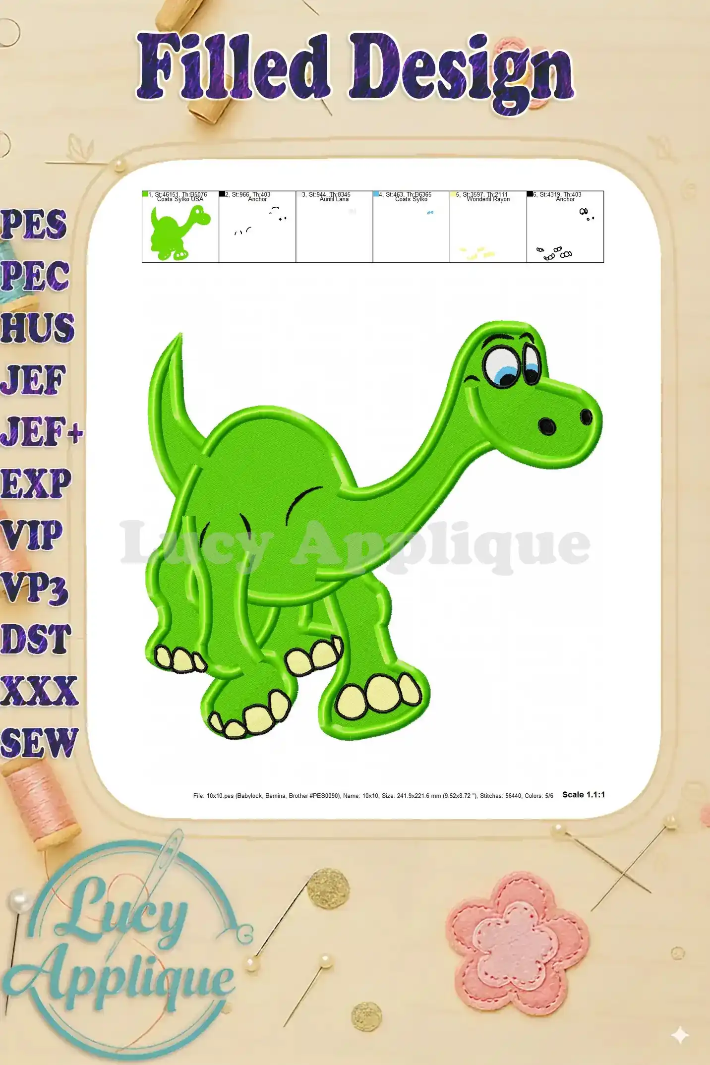 Detailed view of Arlo the Good Dinosaur embroidery design showcasing the stitch details and color accuracy for a complete visual representation.