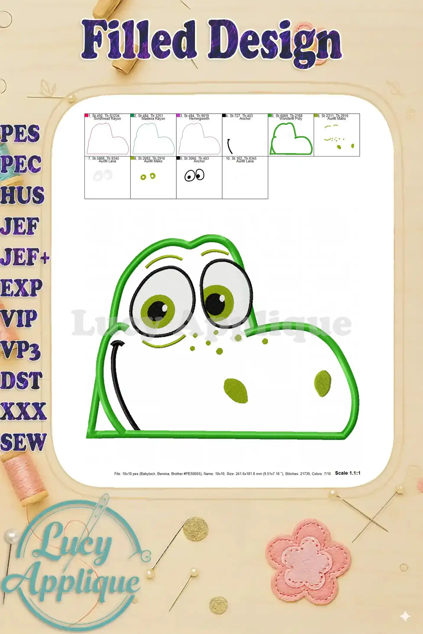 Filled design image of Arlo the Good Dinosaur applique embroidery. Shows the finished look of the applique with all elements stitched.