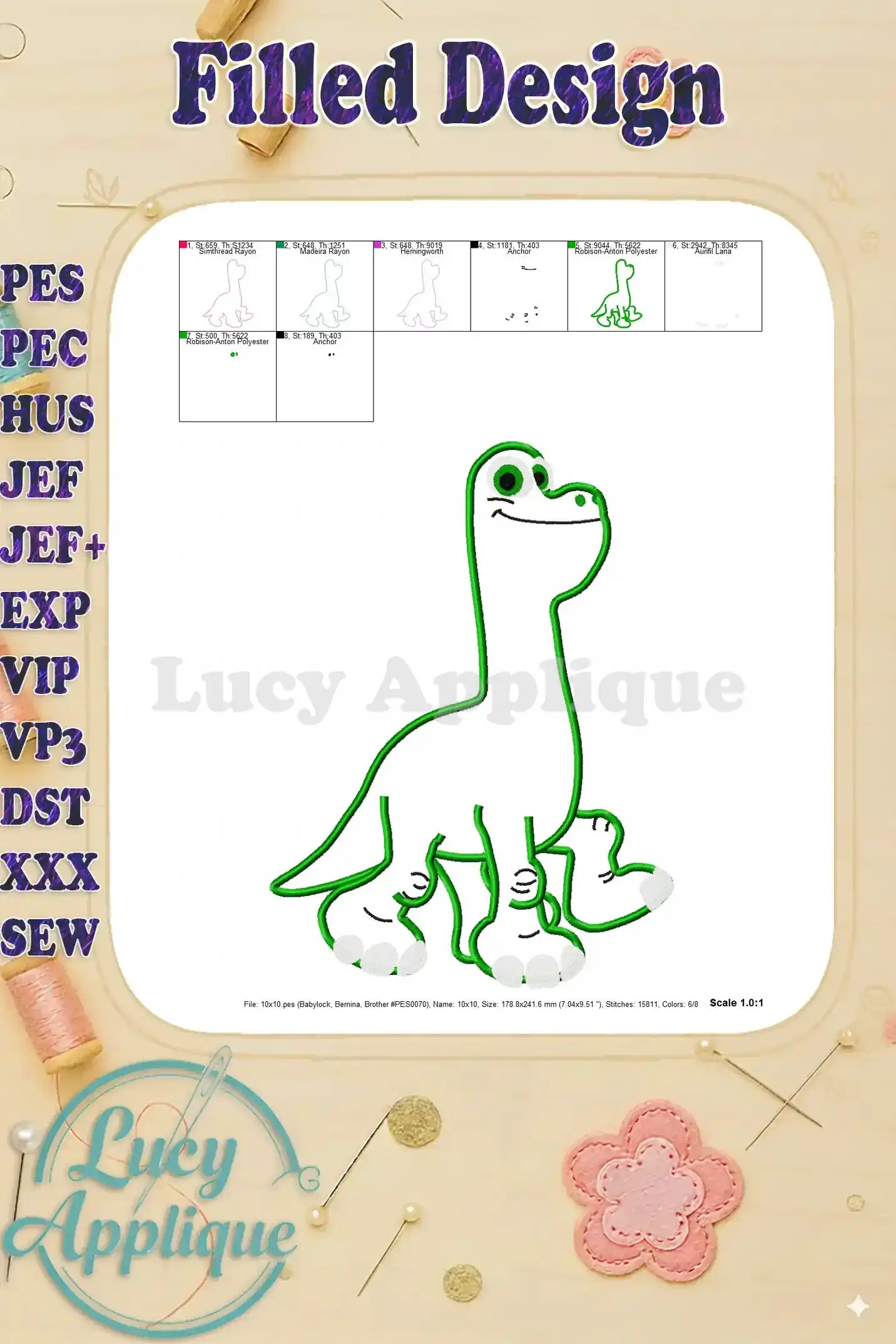 A filled design image of Buck, the dinosaur, showing the completed applique with all the stitches filled. The image includes details on how to embroider the character.